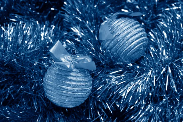 Christmas Balls Tinsel Toned Trendy Classic Blue Color Year 2020 — Stock Photo, Image