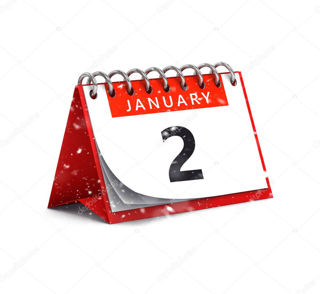 3D rendering of snowy red desk paper January 2 date - calendar page isolated on white