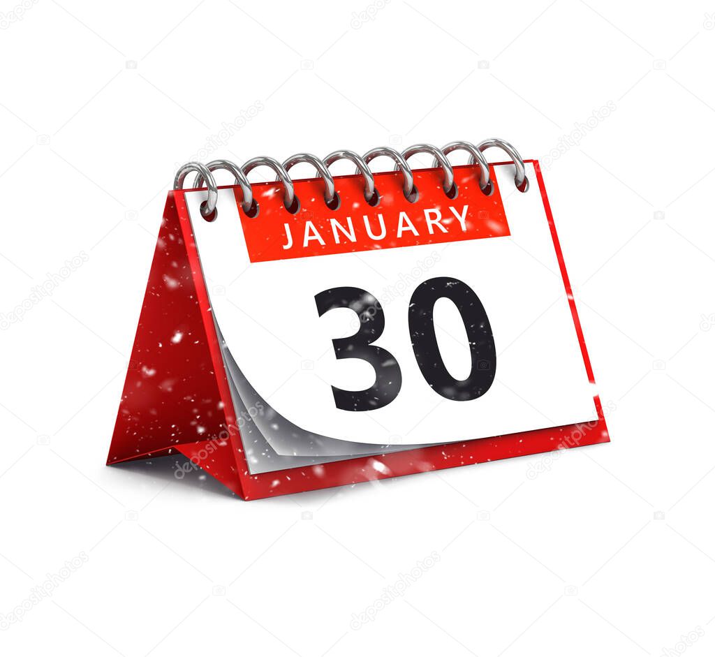 3D rendering of snowy red desk paper January 30 date - calendar page isolated on white