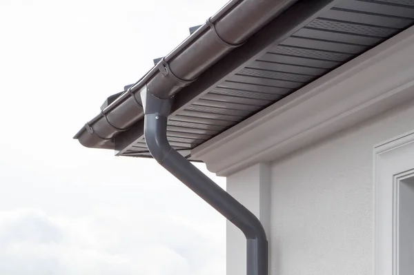Corner House New Gray Metal Tile Roof Rain Gutter Metallic — Stock Photo, Image