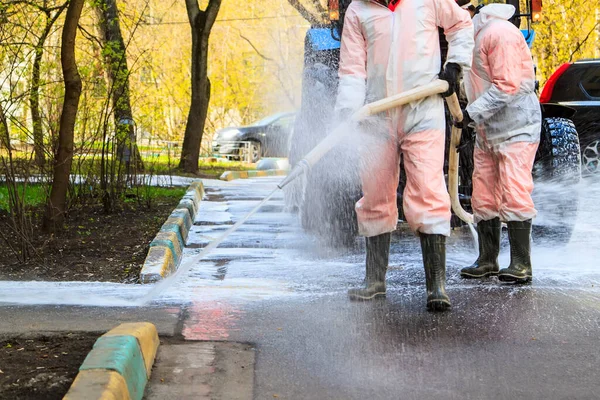 Process Street Disinfection Workers Protective Suit People Stops Spread Virus — Stock Photo, Image
