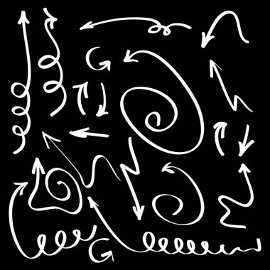 Siyah arka planda beyaz karalama okları koleksiyonu. İşaretçi, ok, imleç simge seçiyor. sonraki web sayfası sembolü