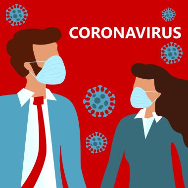 Roman Coronavirus hastalığı COVID-19 salgını, 2019-NCoV, mavi tıbbi maskeli kadın ve erkek. Koronavirüs karantinası kavramı