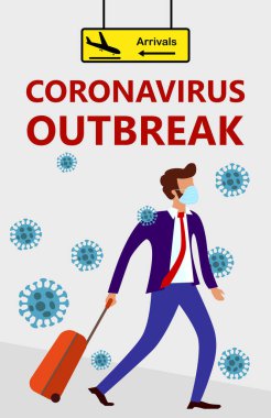 Coronavirus salgını, Roman Corona Virüsü Hastalığı COVID-19, 2019-NCoV, MERS-Cov, mavi tıbbi maskeli ve tekerlekli seyahat çantalı sakallı adam varış yönünden hareket ediyor.