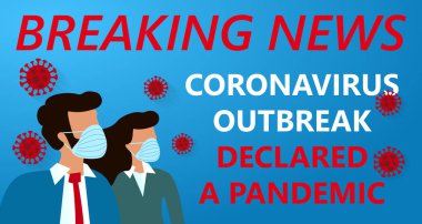 Son dakika, Coronavirus salgını salgını ilan edildi. Mavi zemin üzerinde COVID-19 Wuhan Corona virüsü (2019-nCoV) salgını. Mavi tıbbi maskeli kadın ve takım elbiseli adam. Corona Virüs Hastalığı 2019 Salgın Haber Kavramı