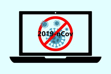 Soyut virüs türü Novel Coronavirus 2019-nCoV olan düz siyah dizüstü bilgisayar ikonu kırmızı STOP işareti ile çizilmiştir. MERS-Cov, COVID-19, Roman Corona Virüsü Hastalığı 2019