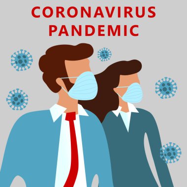 Roman Corona virüsü salgını COVID-19, 2019-NCoV, mavi tıbbi maskeli kadın ve erkek. Koronavirüs salgını kavramı