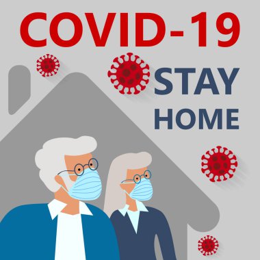 COVID-19 Roman Coronavirüs 2019-nCoV karantina ve mavi arka planda evde kal. Evde maskeli takım elbiseli yaşlı kadın ve adam var. Corona Virüs Hastalığı 2019 Salgın Koruma Konsepti