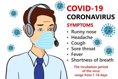 Destek servisi COVID-19 koronavirüs salgını belirtileriyle ilgili soruları cevaplıyor. 2019-NCoV, tıbbi maskeli adam. Novel Corona virüsü durdurma kavramı karantinaya alındı