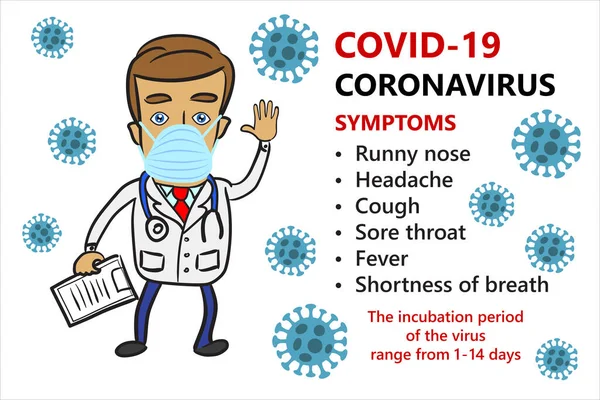 Doktor COVID-19 koronavirüs salgını semptomlarını açıklıyor, 2019-nCoV, tıbbi yüz maskeli adam dur işaretinde yükseltilmiş el hareketi ile. Novel Corona virüsü durdurma kavramı karantinaya alındı