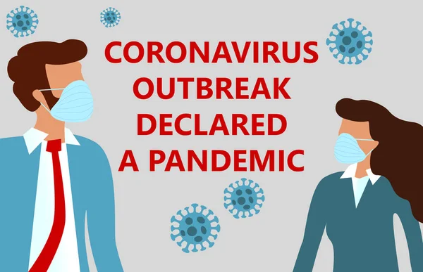 コロナウイルスの流行はパンデミックを宣言した 新しいコロナウイルス病Covid 2019 Ncv 青い医療面マスクに合う女性と男性 — ストックベクタ