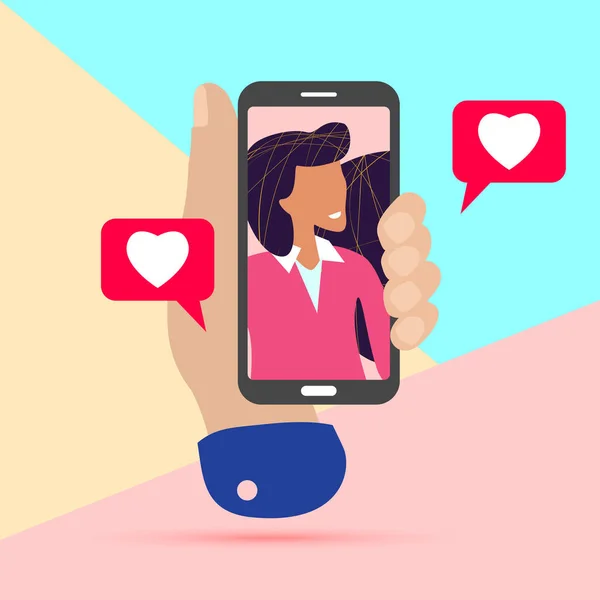 Online Dating Concept Mannelijke Hand Met Smartphone Met Vriendin Het — Stockvector