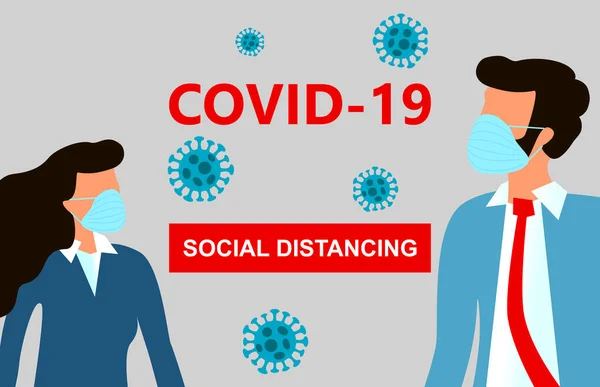 Concept of maintaining social distance between people during novel coronavirus disease COVID-19 Pandemic outbreak, 2019-nCov, woman and man with blue medical face mask are at distance from each othe