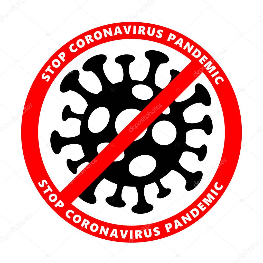 STOP COVID-19 pandemic symbol, Novel corona virus disease 2019-nCoV , Abstract virus strain model Novel coronavirus 2019-nCoV is crossed out with red STOP sign