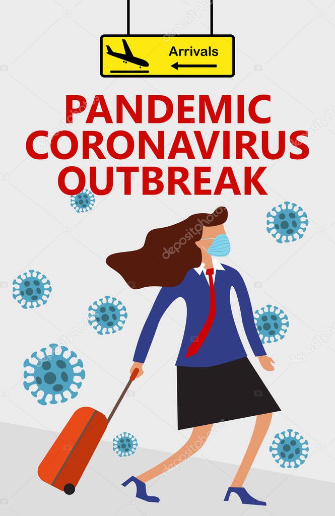 Pandemic Coronavirus outbreak, Novel corona virus disease COVID-19, 2019-nCoV, MERS-Cov, wman in suit with blue medical face mask and travel bag on wheels moves from direction of arrival