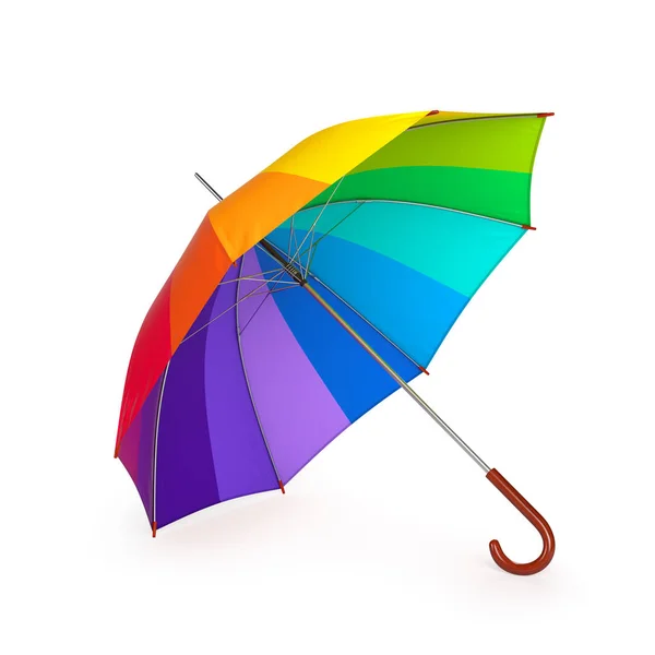 Guarda-chuva colorido arco-íris isolado no fundo branco. Ilustração 3D  . — Fotografia de Stock