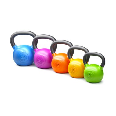 Kettlebell renkli seti beyaz arka planda izole edildi. 3d illüstrasyon