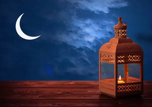 Shining lantern Fanus on table greeting card — Stock Photo, Image