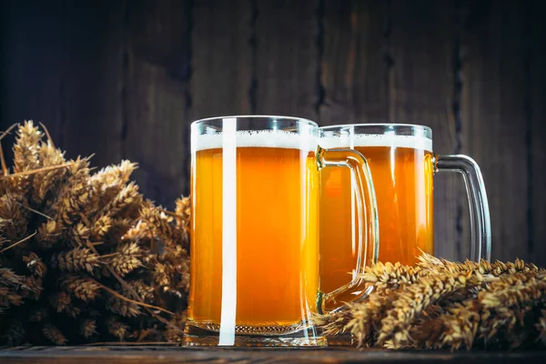 Two glasses of light beer with spikelets — Stock Photo, Image