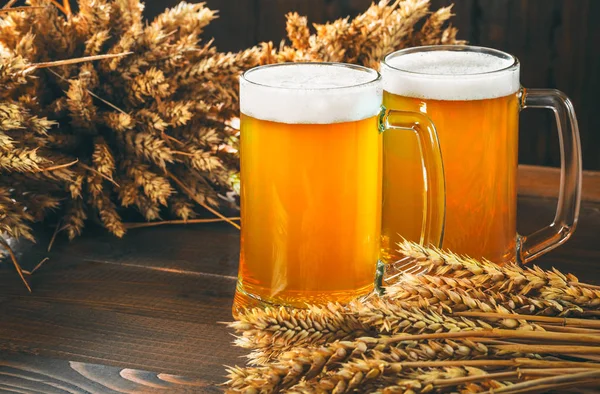 Два бокала светлого пива с шипами ячменя на деревянном фоне. Красивый фон фестиваля Октоберфест — стоковое фото