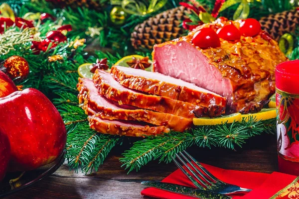 Christmas table dinner time with roasted meats