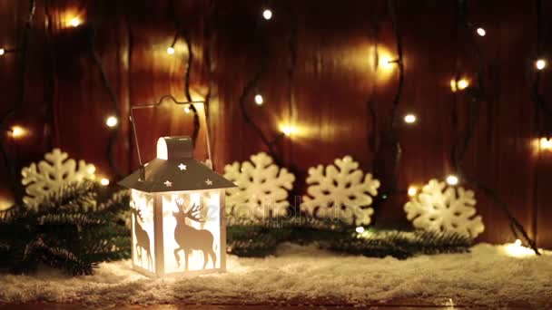 Burning Lantern Deer Dark Background Christmas Lights — Stock Video