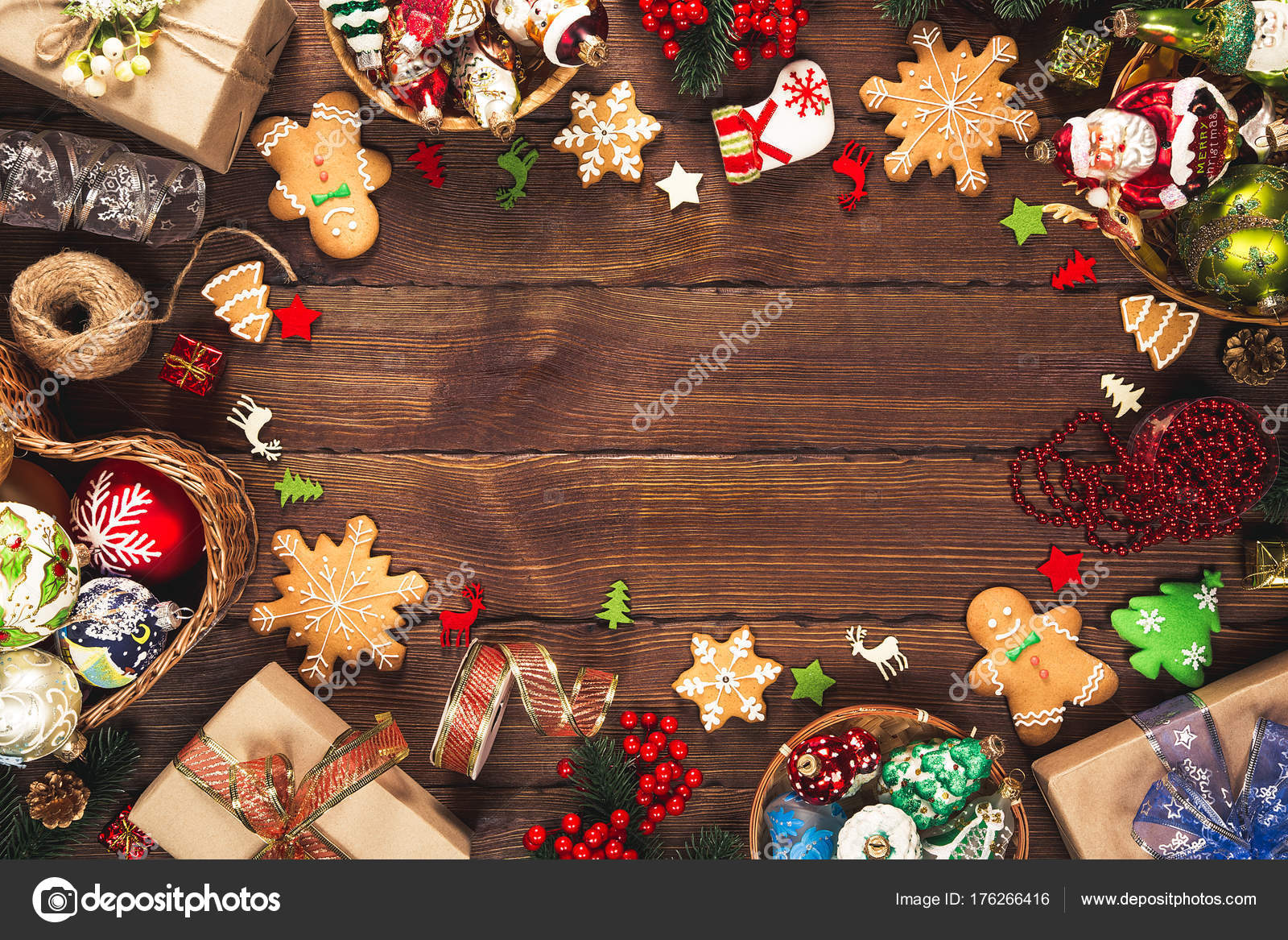 Christmas Background Gifts Toys Gingerbread Cookies Old Wooden Background  Stock Photo by ©jeka2009 176266416