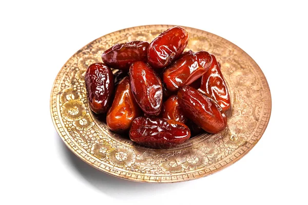 Suszone Daty Taca Tradycyjnych Białym Tle Ramadan Kareem — Zdjęcie stockowe