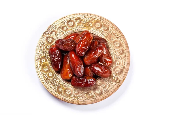 Dried Dates Traditional Tray White Background Ramadan Kareem — Stock Photo, Image