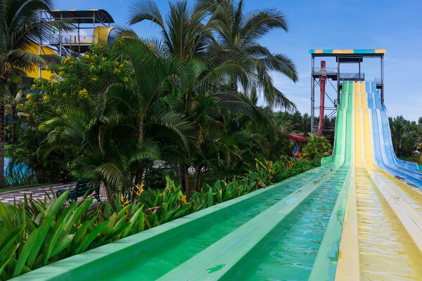 water slides in tropical aquapark