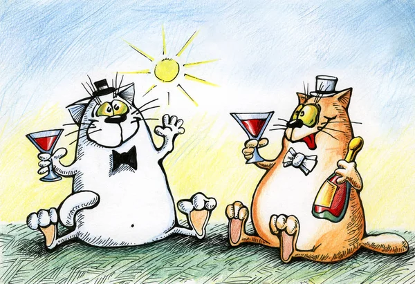 Zwei Katzen feiern mit Alkohol — Stockfoto