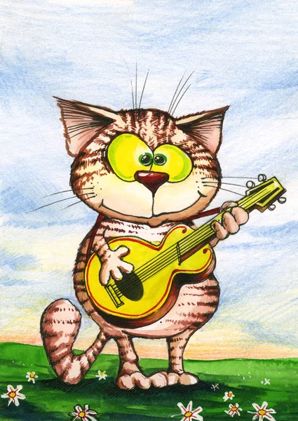 Felice gatto suona la chitarra (illustrazione acquerello ) — Foto Stock