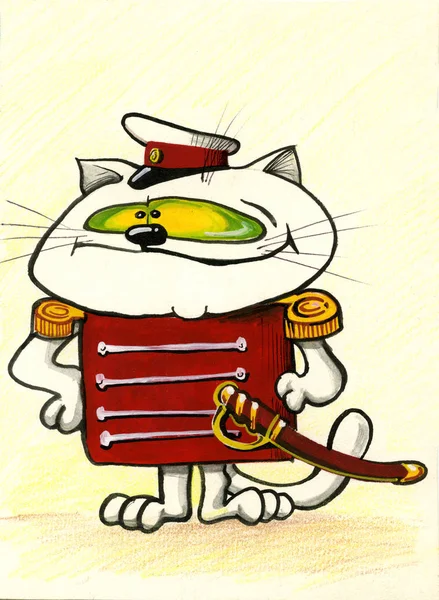 Carino gatto animale in uniforme militare (illustrazione, acquerello ) — Foto Stock