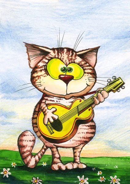 Happy cat toca guitarra (ilustração aquarela ) — Fotografia de Stock