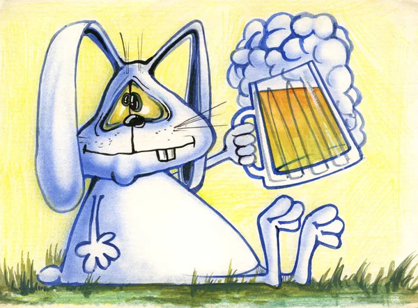 Cartoon illustration of smiling rabbit with a beer — Stock Photo, Image