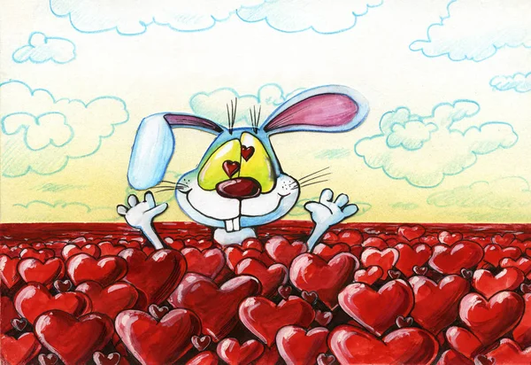 Illustratie met schattige bunny en liefde-harten — Stockfoto