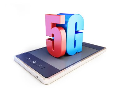 5g smartphone ang metin 5g, 5g işareti, 5g hücresel yüksek hızlı veri kablosuz bağlantı. Beyaz arka plan üzerinde 3D çizimler