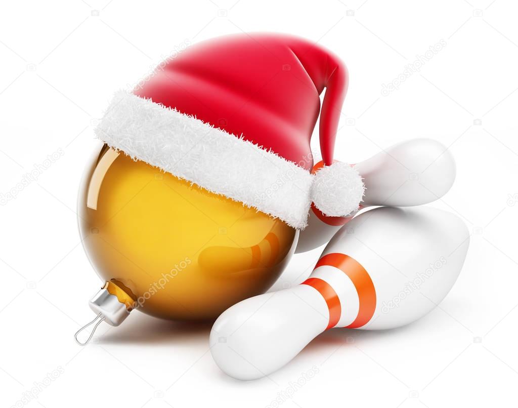 Christmas ball in santa hat Bowling santa hat on a white background 3d Illustrations