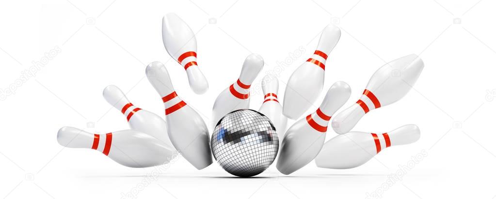bowling strike disco ball on white background. 3d Illustrations