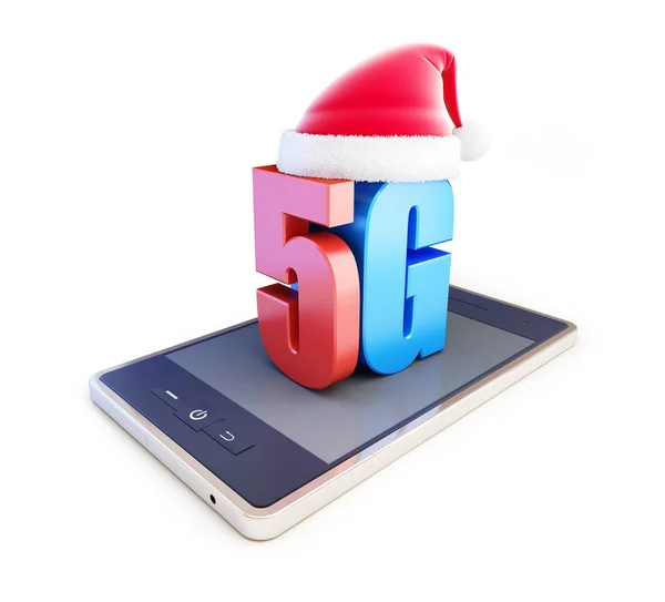 5G smartphone ang texte 5G Santa Hat, 5G cellulaire haute vitesse connexion sans fil de données. 3d Illustrations sur fond blanc — Photo