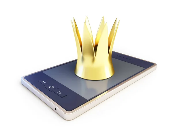 Corona con uno smartphone su sfondo bianco. Illustrazioni 3d — Foto Stock