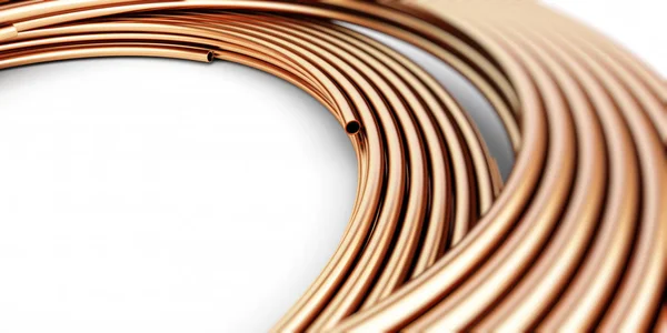 Tubos de metal de cobre bens no fundo branco. Ilustrações 3d — Fotografia de Stock