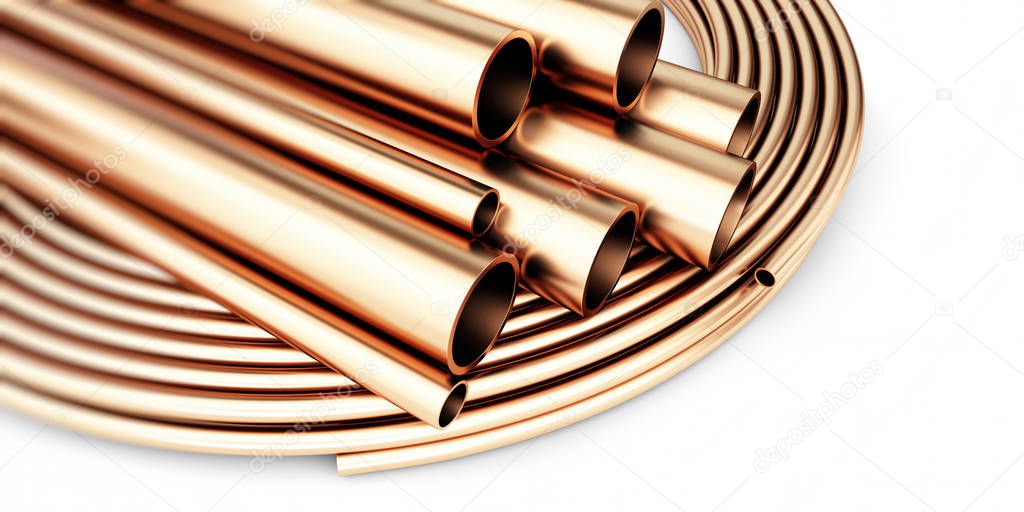 copper metal pipe on white background. 3d Illustrations