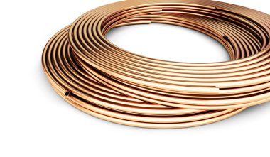 Bakır metal ürünler beyaz arka plan üzerinde borular. 3D çizimler