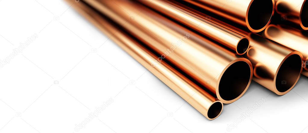 Set of copper pipes of different diameter . Isolated on White Background. 3D illustration