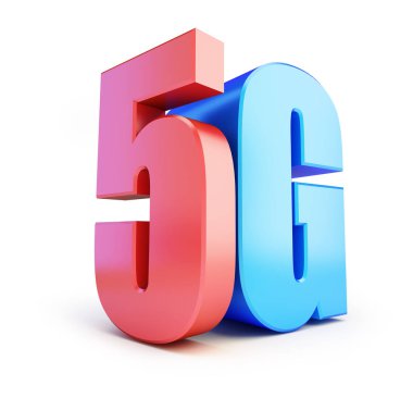 5g işareti, 5g hücresel yüksek hızlı veri kablosuz bağlantı. Beyaz arka plan üzerinde 3D çizimler