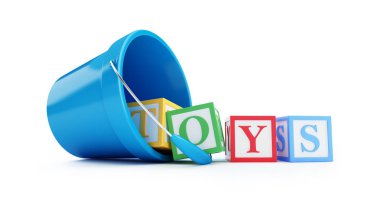 Beyaz bir arka plan üzerinde oyuncak kova mavi oyuncak bloklar 3d çizim