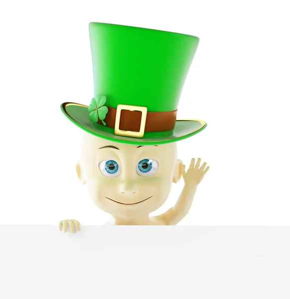 Bebê no boné do dia de São Patrício chapéu verde ilustração 3D em um fundo branco — Fotografia de Stock