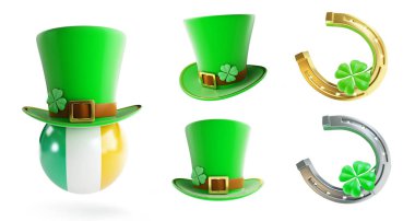 Set St Patrick's günü yeşil şapka, beyaz bir arka plan üzerinde at nalı 3d çizim