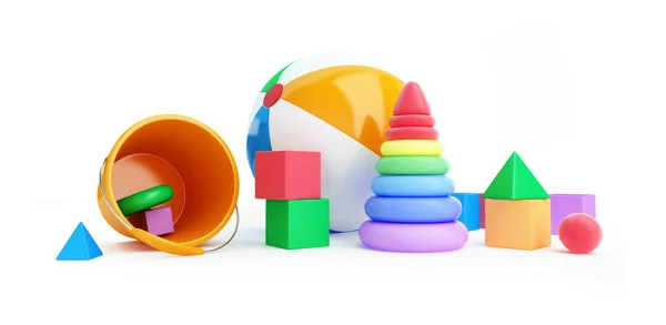 Toys alphabet cube, beach ball, pyramid 3D illustration on a white background — Stock Photo, Image